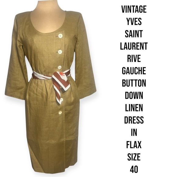 70’s vintage Yves Saint Laurent rive gauche button down linen dress in flax tan - Picture 1 of 10